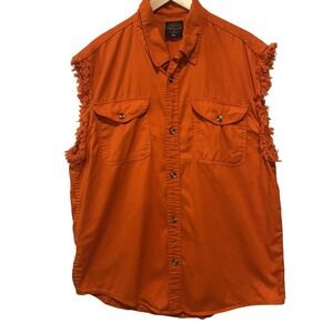 Milwaukee Performance Denim Orange Shirt‎ Size 2XL Cutoff Sleeves 100% Cotton